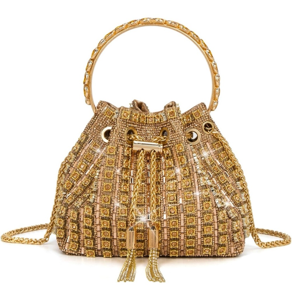 Sparkly Diamond Rhinestone Bucket Bag – Champagne Gold Evening Glam SBL Gold ❤️ - Picture 8 of 16